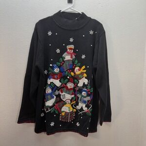 BP Design Knit Holiday Sweater Wmns XL Mock Neck Snowman Embroidered Christmas